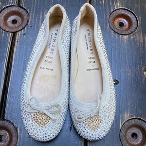Twin-Set Simona Barbeiri Leather Ballet Flat with Crystal Embellishments.